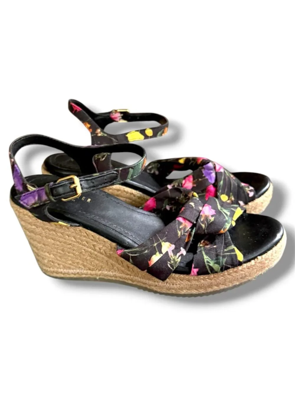 Ted Baker London Luxury Cardone Black Floral Espadrille Platform Wedge Heels 8.5